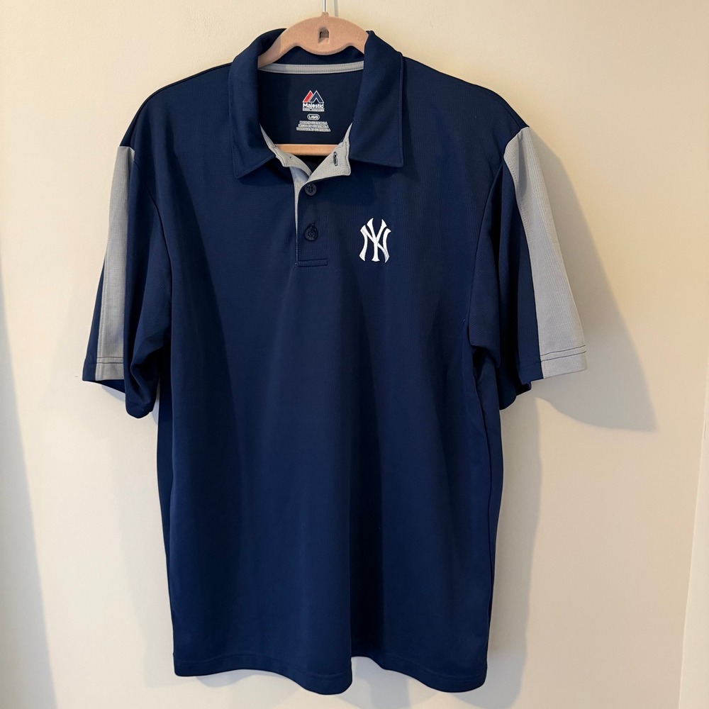 Majestic New‎ York Yankees Mens Large Navy Blue Performance Polo Shirt MLB Logo